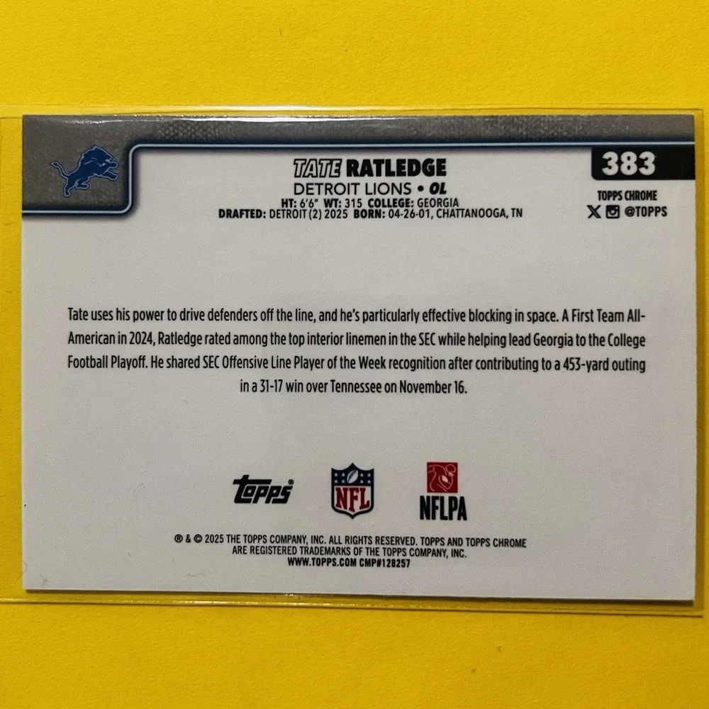 2025 Topps Chrome NFL Football Tate Ratledge RC‎ #383 Pulsar Refractor Lions